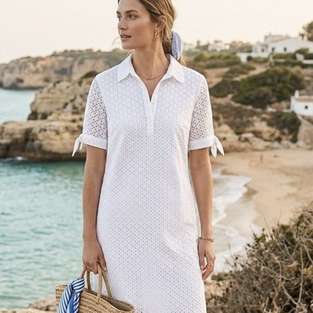 White Eyelet Lace Shirtdress L Drapers & Damons Midi Dress Coastal Resort Chic